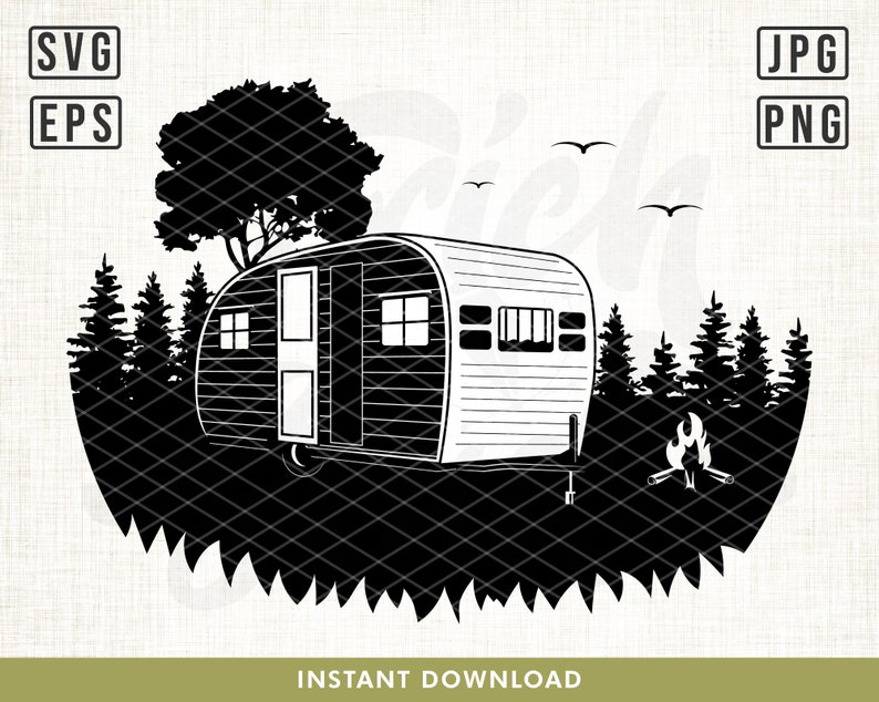 Camper Svg File, Outdoor Svg, Camper in Woods, Camping Svg, Campfire