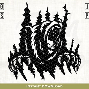 May include: A black and white silhouette of a bear with its claws outstretched, breaking through a jagged, torn background.