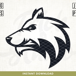 May include: Black and white vector illustration of a wolf's head with a fierce expression. The wolf's head is facing the left side of the image. The wolf's fur is stylized with sharp, angular lines.