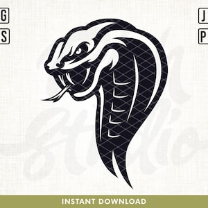 May include: Black and white silhouette of a cobra with its head raised and fangs showing. The cobra is facing the left side of the image.