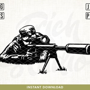 Pode incluir: Ilustração a preto e branco de uma pessoa a apontar uma espingarda com mira telescópica, apoiada num bípode. A imagem inclui o texto "SVG", "EPS", "JPG", "PNG" e "INSTANT DOWNLOAD".
