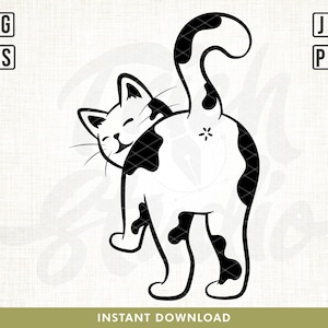 Può includere: Illustrazione in bianco e nero di un gatto con la coda macchiata, che guarda oltre la spalla con un sorriso.