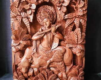 Handgemaakte Balinese Lord Krishna Houtsnijwerk 49cm x 33cm x 7cm Houtsnijwerk, Beeldhouwkunst, Kunst uit Bali Indonesië, cadeau voor haar