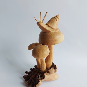 Wooden Snail On Mushroom Parasite Art, Wooden Mushroom and Snail , Snail Art , Animal ,  Parasite Mushroom
