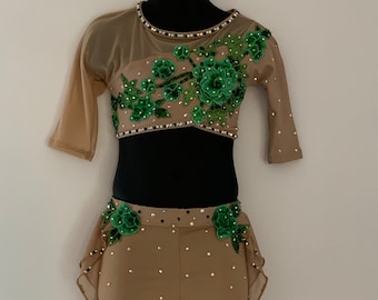 Child XS Rhinestone Lyrical Dance Costume, Green Leaf Appliqués