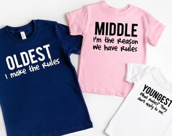 Oldest Brother & Sister Set Matching Family Shirts 3 Shirt Set Sibling Shirt Set with Family Rules Middle Pecking Order Kleding Unisex kinderkleding Tops & T-shirts Youngest 