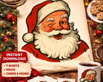 Winking Santa PNG | Vintage Christmas Santa Design | Classic Santa Illustration | Fun Holiday Graphic | Sublimation PNG Download