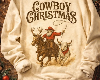 Cowboy Christmas PNG | Vintage Santa Western Holiday Graphic | Santa Riding Horse & Lasso | Country Christmas Design | Sublimation PNG
