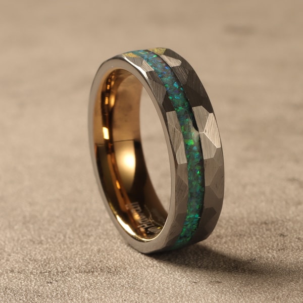 Hammered Tungsten Ring, Unique Mens Wedding Band, Green Opal Hawaii Ring, Mens Ring, 6MM Width Band