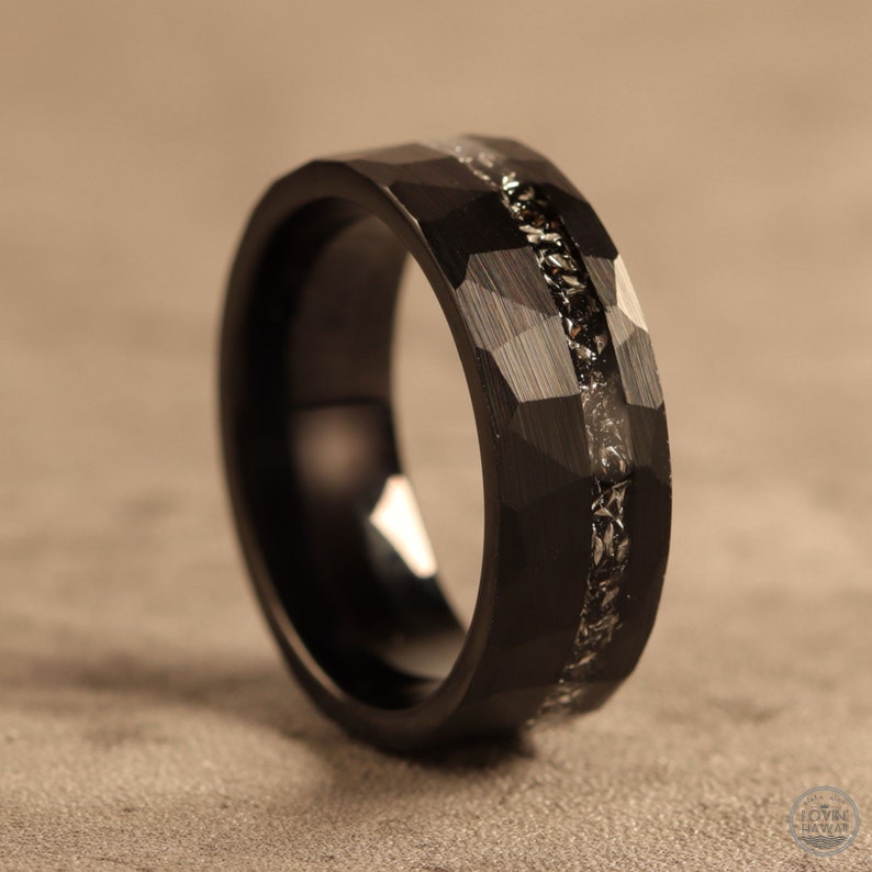 Black Meteorite Tungsten Ring Hawaii Wedding Bands Hammered Etsy
