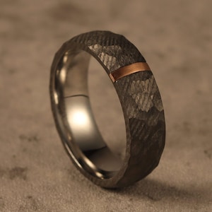 Damascus Steel Hammered Wedding Band: Black & Rose Gold, 6mm