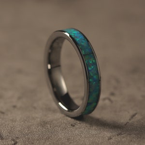 Tungsten Ring: Crushed Blue Opal Inlay, 4mm Wedding Band
