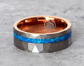 Alianza de tungsteno con ópalo azul - Anillo de 8 mm con ajuste cómodo para hombre