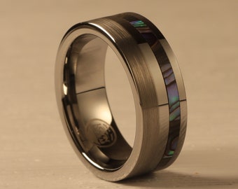 Abalone Shell Tungsten Ring, Unique Mens Wedding Band, Mother of pearl Hawaii Ring, Mens Ring, 8MM Width Band