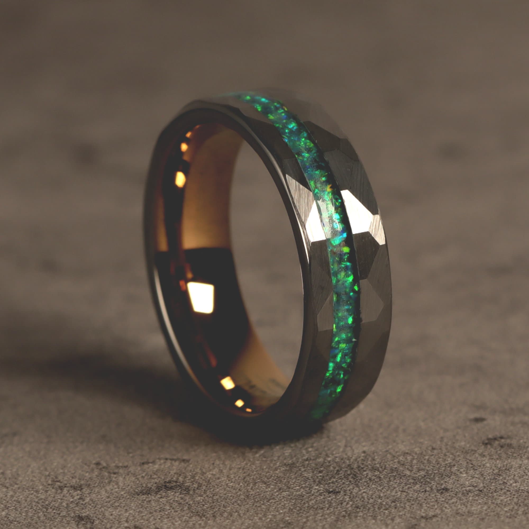 Hammered Tungsten Ring, Unique Mens Wedding Band, Green Opal