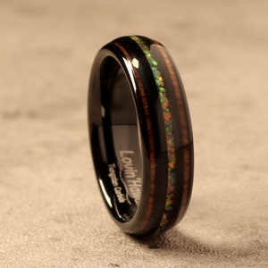 Unique Wedding Band, White Opal ring, Natural Opal Ring, Koa Wood ring, Tungsten Ring, 6MM Width Band