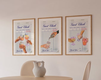 Set of 3 Guest Check Drink, DIGITAL Download Prints, Bar Cart Wall Decor, Trendy College Wall Print, Apartment Bar Drink Art Prints