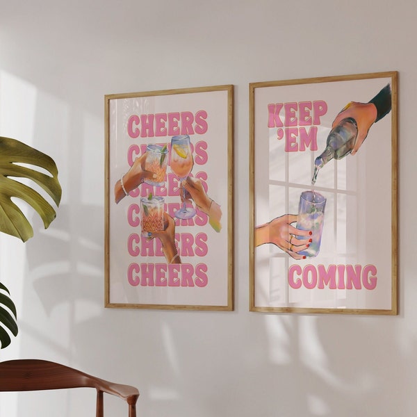 Bar Cart Drink Prints-Instant DIGITAL DOWNLOAD-Pink Keep em Coming-Cheers-Drink Art Prints-College Apartment decor Wall Art Trendy Poster