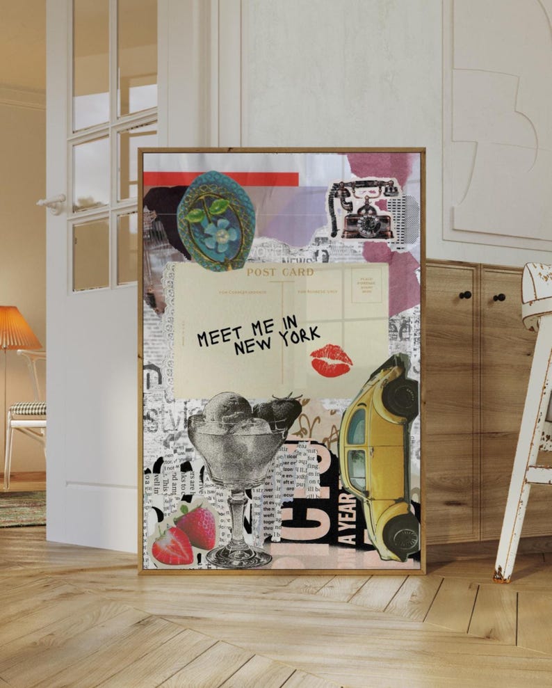 May include: A framed collage featuring a vintage aesthetic. It includes a postcard with "Meet Me in New York" text, a red lipstick kiss, a yellow car, an ice cream sundae, and a vintage telephone.