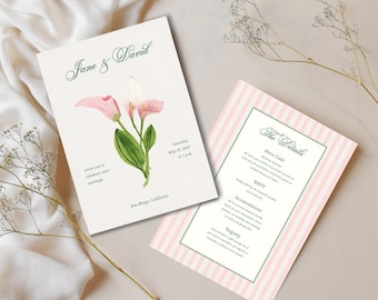 Puede incluir: Juego de invitaciones de boda con un diseño floral de calas rosas y hojas verdes. La invitación incluye los nombres "Jane & David" y los detalles del evento. El reverso tiene rayas rosas y blancas.