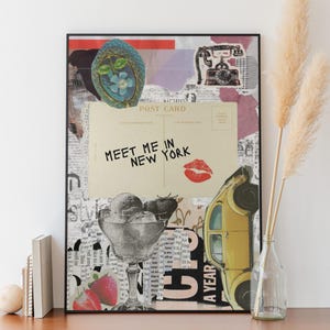 May include: A framed collage print featuring a vintage postcard with the text "MEET ME IN NEW YORK", a red kiss mark, and a yellow car. Other elements include a sundae, strawberries, and a vintage telephone.