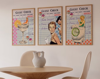 Set of 3 DIGITAL DOWNLOAD Retro Guest Check Drink Prints Bar Cart decor-College Apartment Decor-Retro Magazine Art Prints-Dorm Wall Art