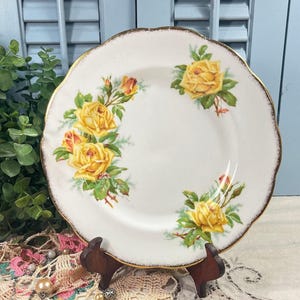 Queen Anne Yellow &quot;Misty Rose&quot; Bone China 8&quot; Luncheon / Dessert Plate