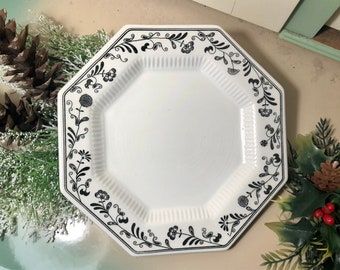 White Black Florals Octagon Shape Ironstone 6-1/2" Dessert Plate Independence by Castleton China Japan