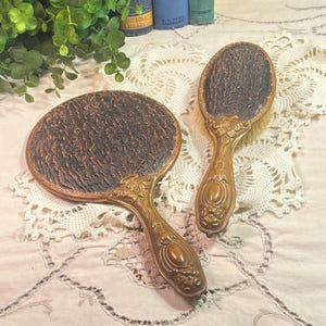 Victorian Embossed Brass Mirror and Brush Vanity Set