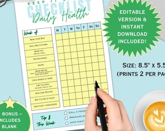 Self Care Checklist, Health Tracker, Women&#39;s Wellness, Self care Journal Printable, Healthy Habits, EDITABLE & INSTANT DOWNLOAD