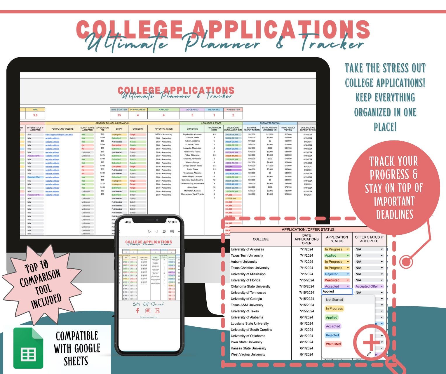 COLLEGE APPLICATION TRACKER, College Applications Spreadsheet,top 10 ...