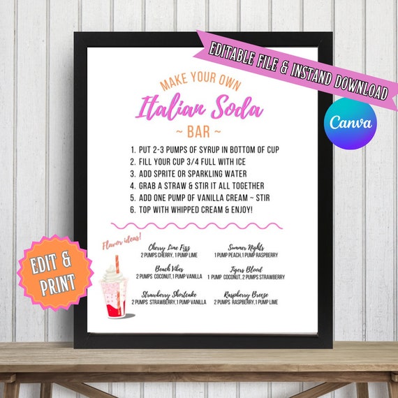 Italian Soda Bar Sign, Dirty Soda, Party Signs, Party Decor, Printable Sign, EDITABLE & INSTANT DOWNLOAD