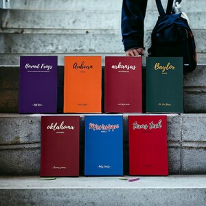 May include: A set of seven colorful books with the names of different universities and their mascots written on the covers. The books are arranged in a staircase pattern on a set of concrete steps.