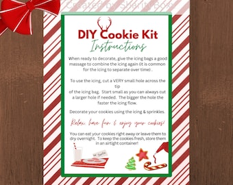 Christmas DIY Cookie Kit Instructions Card 4&quot;x5&quot;, Christmas Kids Cookie Decorating Kit Card, Printable Card