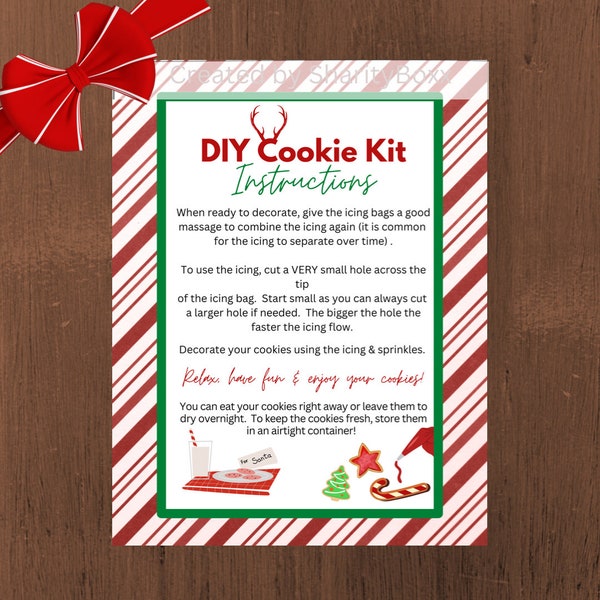 Christmas DIY Cookie Kit Instructions Card 4"x5", Christmas Kids Cookie Decorating Kit Card, Printable Card