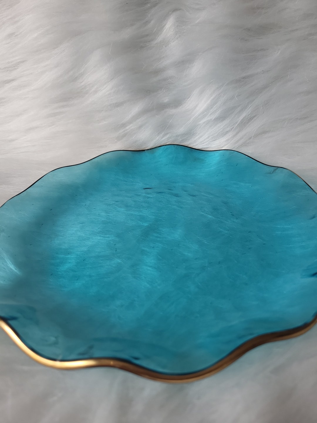 Beautiful Vintage Turquoise Blue Glass Plate With Gold Trim. Etsy