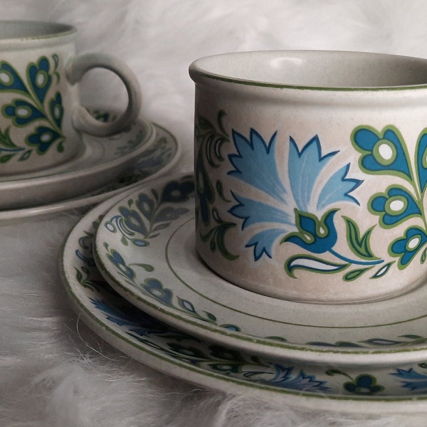 Vintage Pair of Midwinter Stonehenge Spanish Garden Teacups and Saucers Set Blue and Green Floral Mid Century Retro In Good Condition