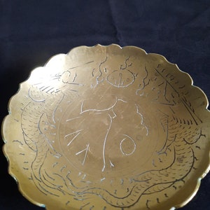 Chinese Brass Etched Footed Bowl Kanji  Dragon Motif Hand Crafted Metalware