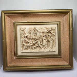Rare antique carved lava stone framed panel depicting the engagement,1800s