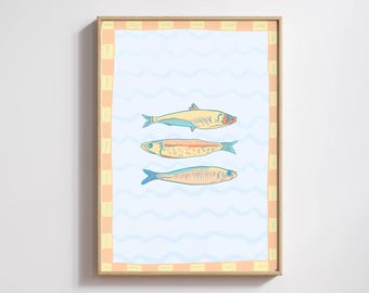 Coastal Bright Boho Sardines, Digital Wall Art Print | Colourful Coastal Kitchen Decor | Modern Nautical Boho Printable Art