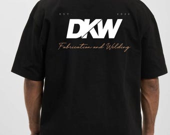 May include: Black short-sleeved t-shirt with white text that reads "EST. 2022 DKW Fabrication and Welding".
