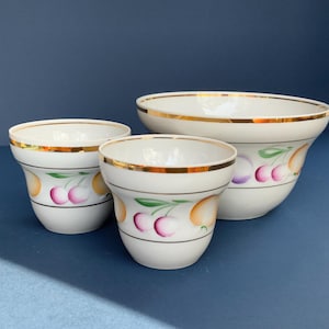 Juego de cuencos de postre vintage de porcelana de Riga: diseño de frutas y detalles dorados