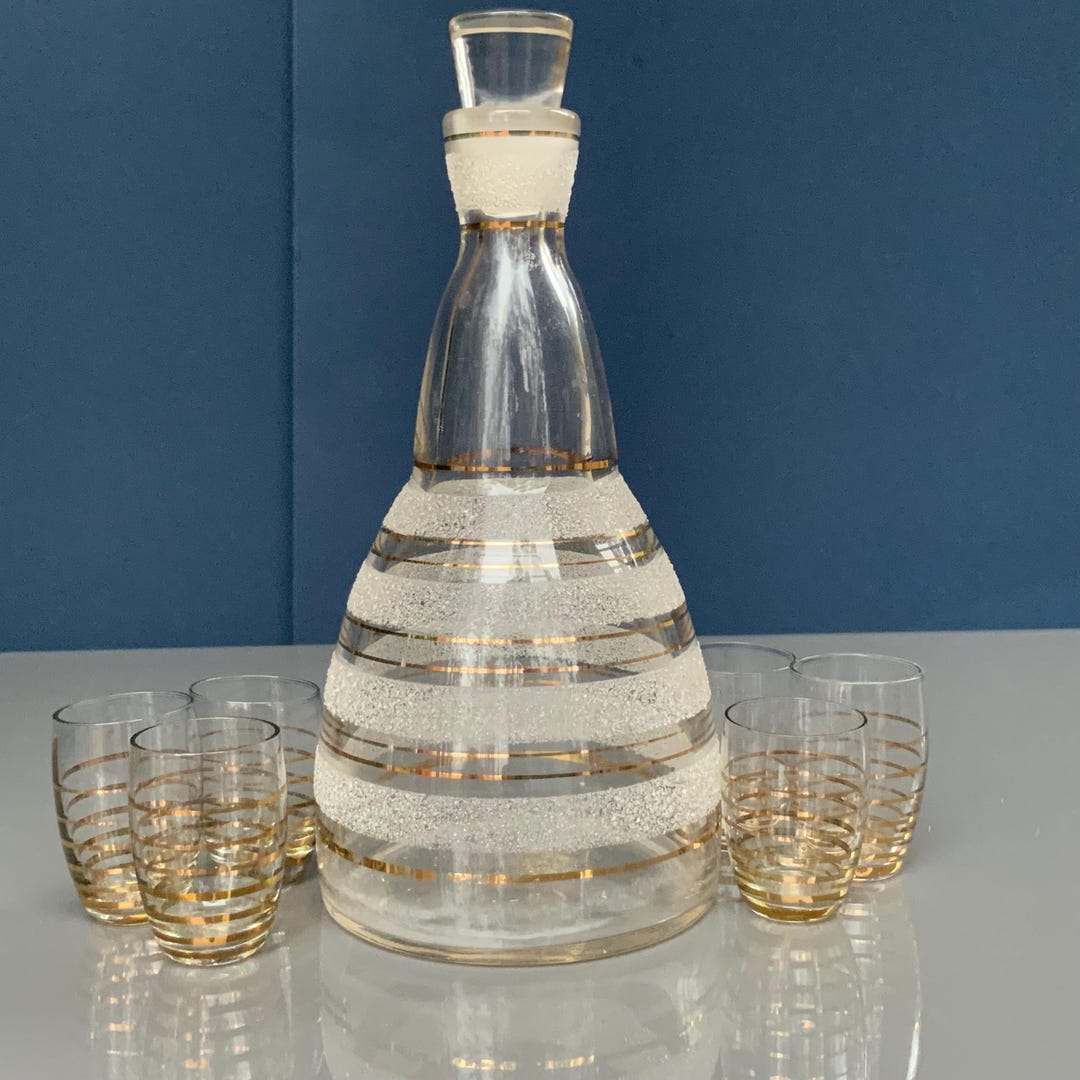Vintage Frosted Glass Decanter Set: Gold Trimmed Shot Glasses