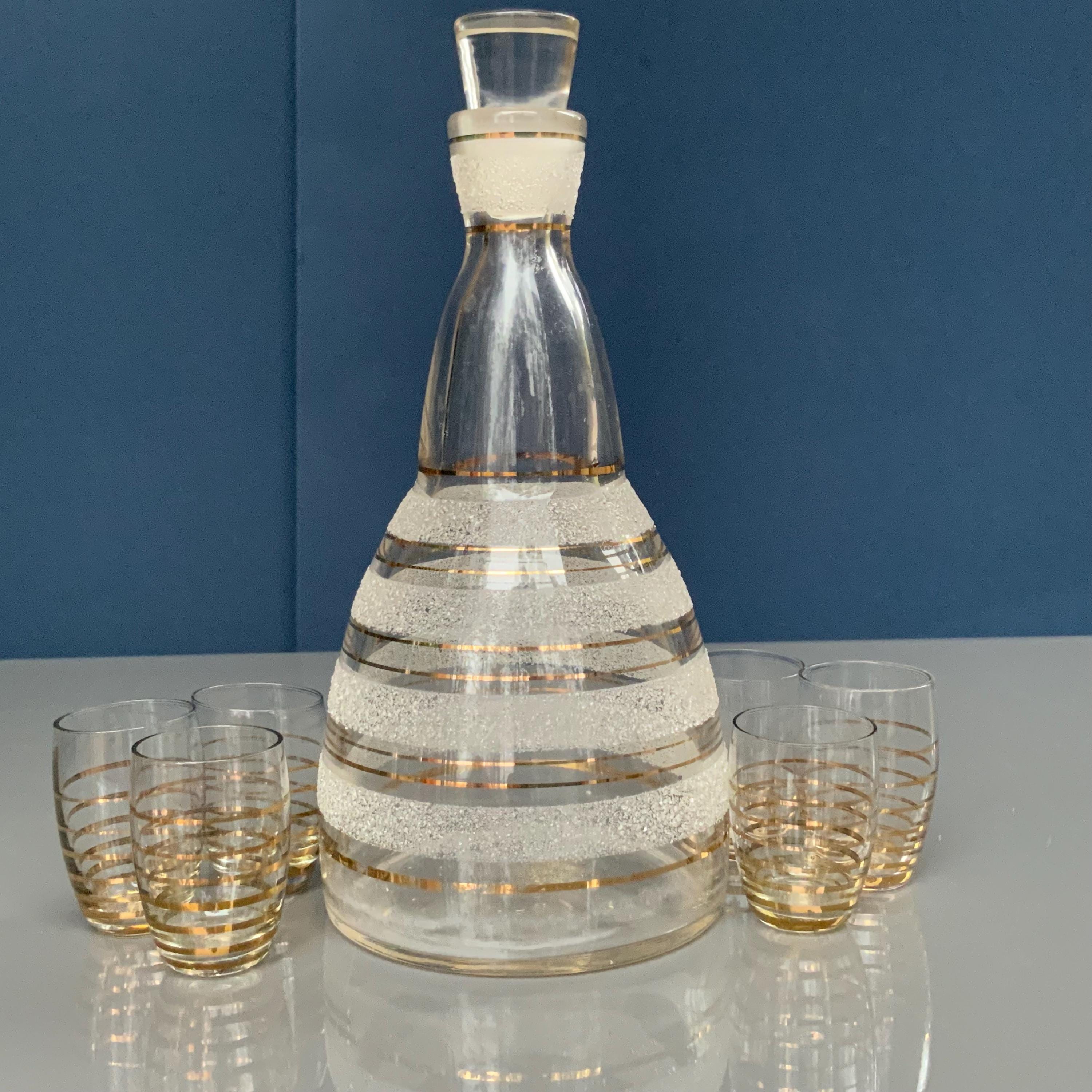 Vintage Frosted Glass Decanter Set: Gold Trimmed Shot Glasses