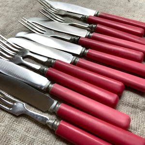 Antique Cutlery Set, Faux bone Bakelite Cutlery Flatware, 6 Knives & 6 Forks,Vintage Pink- Ivory Tone,Faux Bone Handles,Soviet 1960s