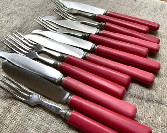 Antique Cutlery Set, Faux bone Bakelite Cutlery Flatware, 6 Knives & 6 Forks,Vintage Pink- Ivory Tone,Faux Bone Handles,Soviet 1960s