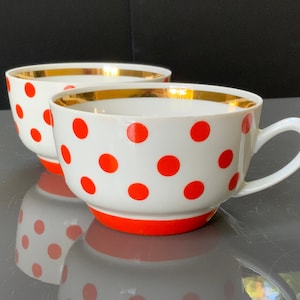 Polka Dot Tea Cups: Riga Porcelain Coffee Set, 80s Vintage