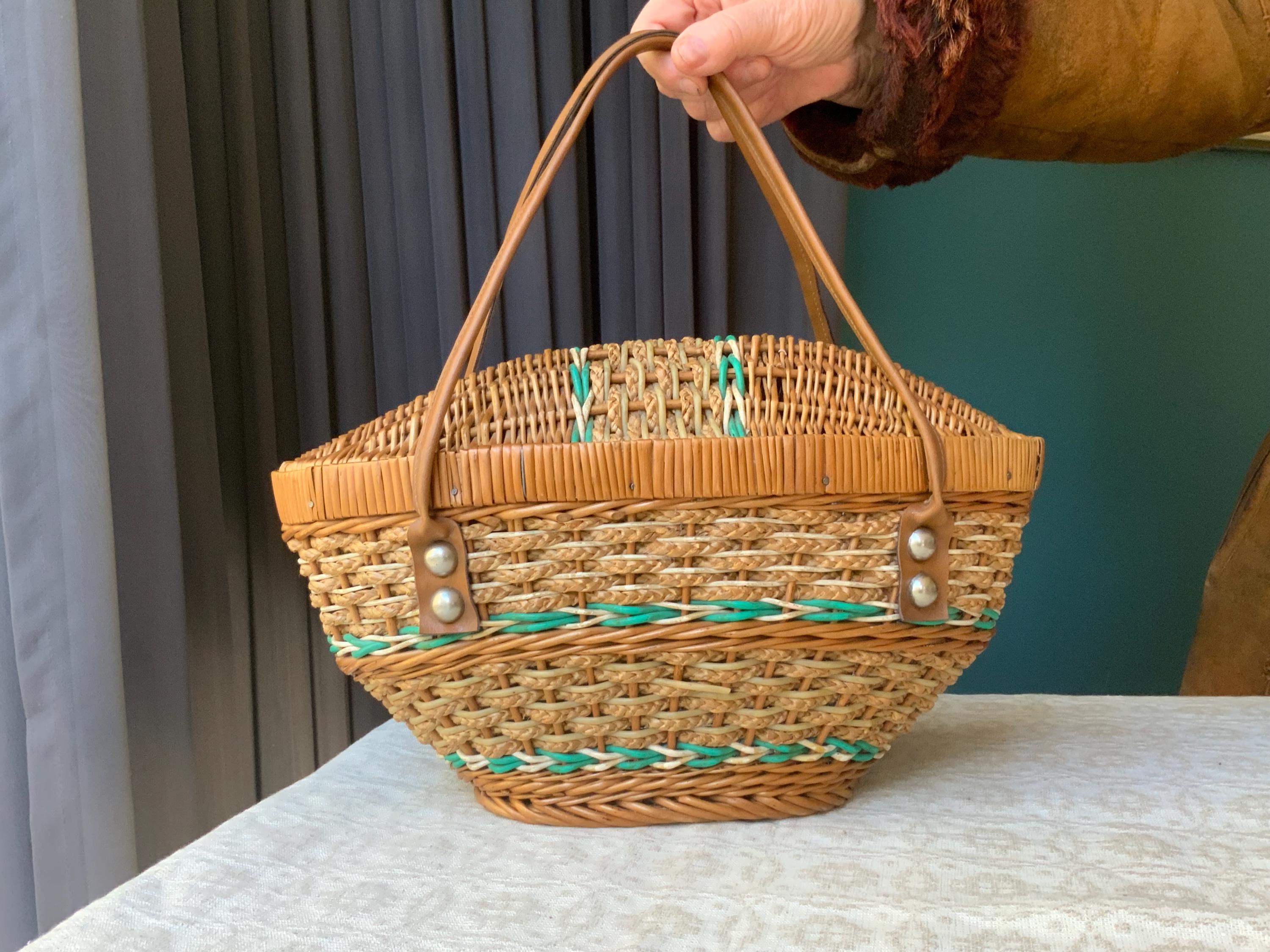 ヴィンテージ籐ピクニックバスケット：編み込みビーチバッグ - Etsy 日本