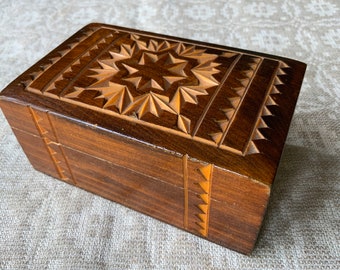Vintage Carved Wooden Box, sewing box, storage for Sewing Supplies, Jewelry box, Carved ornament on lid, Latvia the 80s (#204)