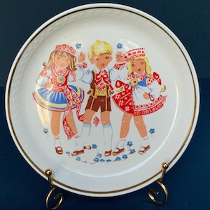 Kids in Latvian national costumes,  RPF Riga porcelain factory plate, Children&#39;s Plates, Gold rim Tableware, Riga, Latvia Porcelain.